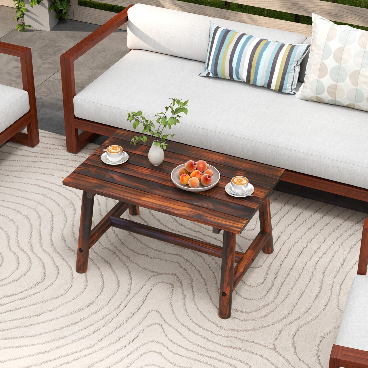 Brown Outdoor Rectangular Wooden Coffee Table with Slatted Surface Perfect for Deck or Balcony